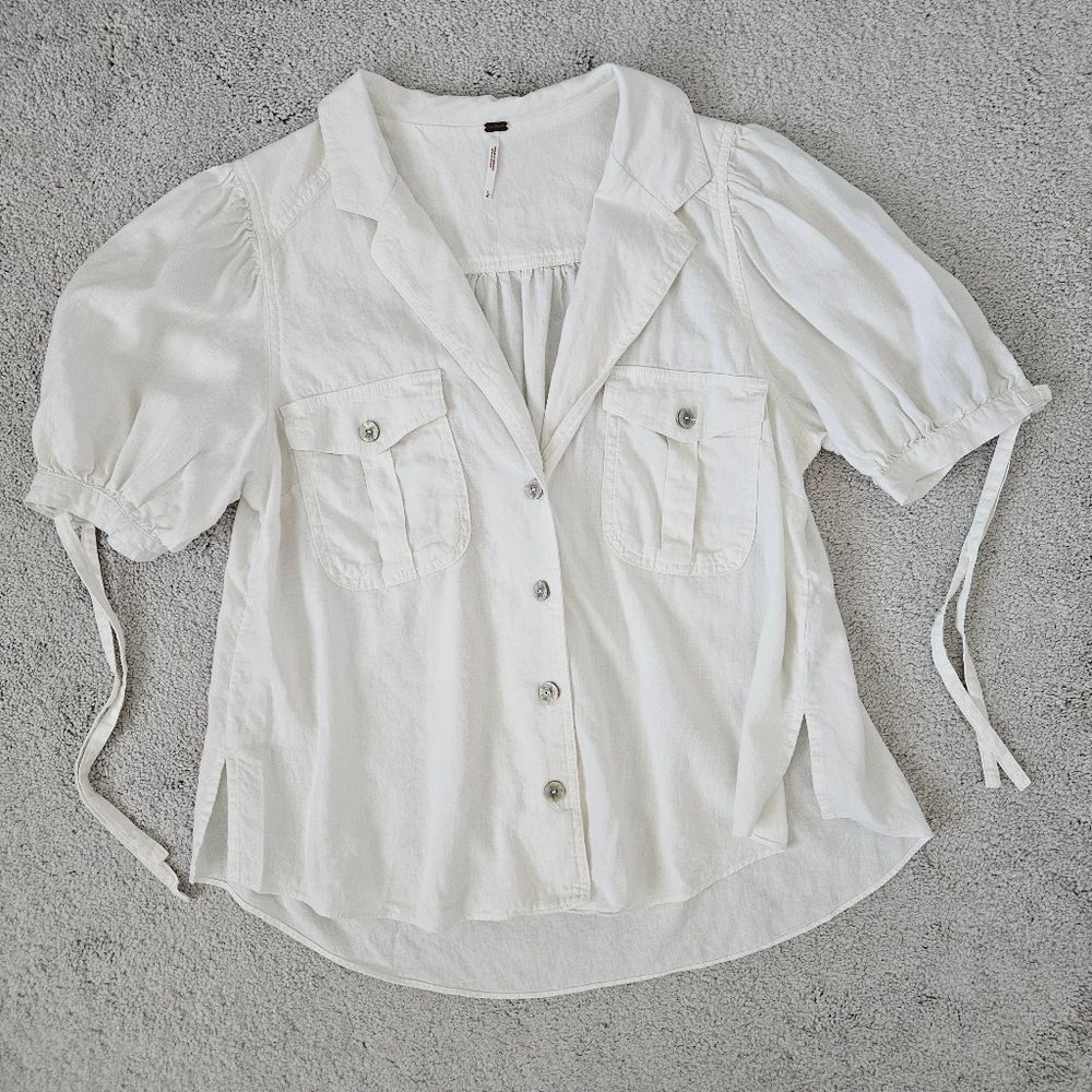 Free People Safari Babe Linen Blend Top In Angel Food White Tie Women Large - Picture 9 of 10